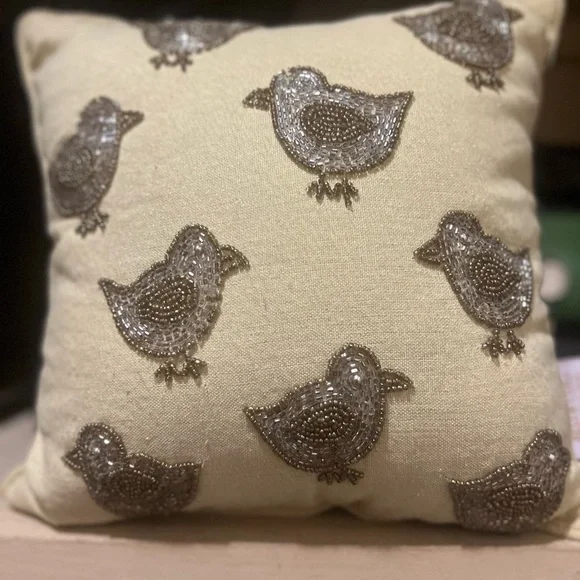 Beaded Bird Accent Pillow - Cream with Gold Beading, perfect for Easter/spring - Picture 1 of 3